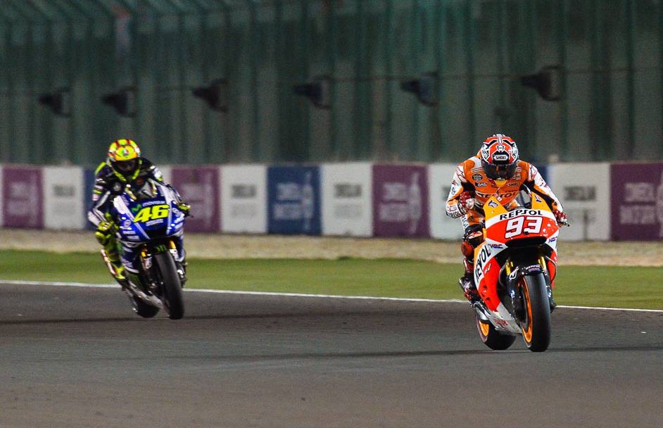 Il Motomondiale 2014  partito con la vittoria di Marc Marquez in MotoGP: ecco lo spagnolo della Honda davanti alla Yamaha di un sempre grande Valentino Rossi. Epa